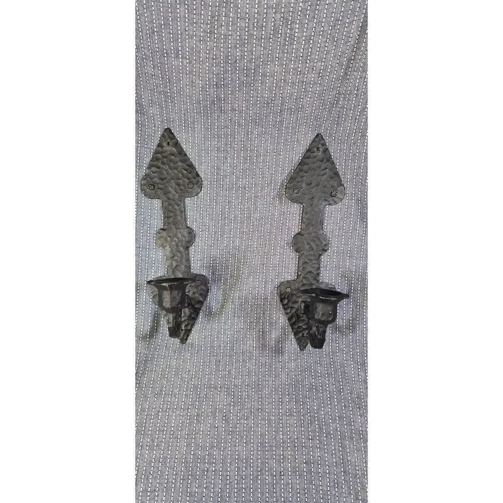 Vintage Hammered Metal Candlestick Holders Black Spade Sconces Robert Emig 1377